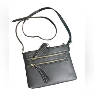 Brentano Vegan Multi-Zipper Crossbody Purse Black Faux Leather Tassel Accents.